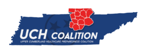 The logo of the Upper Cumberland Healthcare Coalition. An image of the state of Tennessee in blue with the counties of the coalition standing out in red.